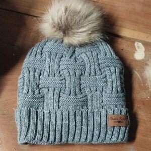 Gray Knit Beanie with Faux Fur Pom